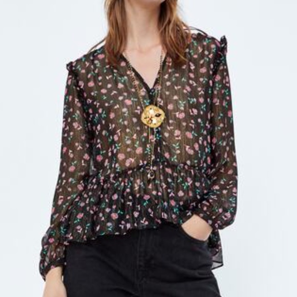 NWT ZARA FLORAL PRINTED SHIRT WITH METALLIC THREAD size XS - Picture 1 of 7
